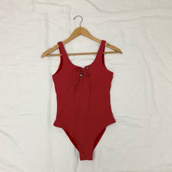 Roxy Women's Red Polka Dot Scoop-Neck Lace-Up One Piece Swimsuit - Picture 6 of 12